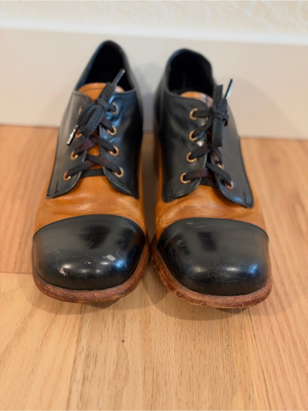 Vintage 70s Florsheim Platform Shoes Two Tone Leather Disco Cuban Oxford Heels - Picture 3 of 9